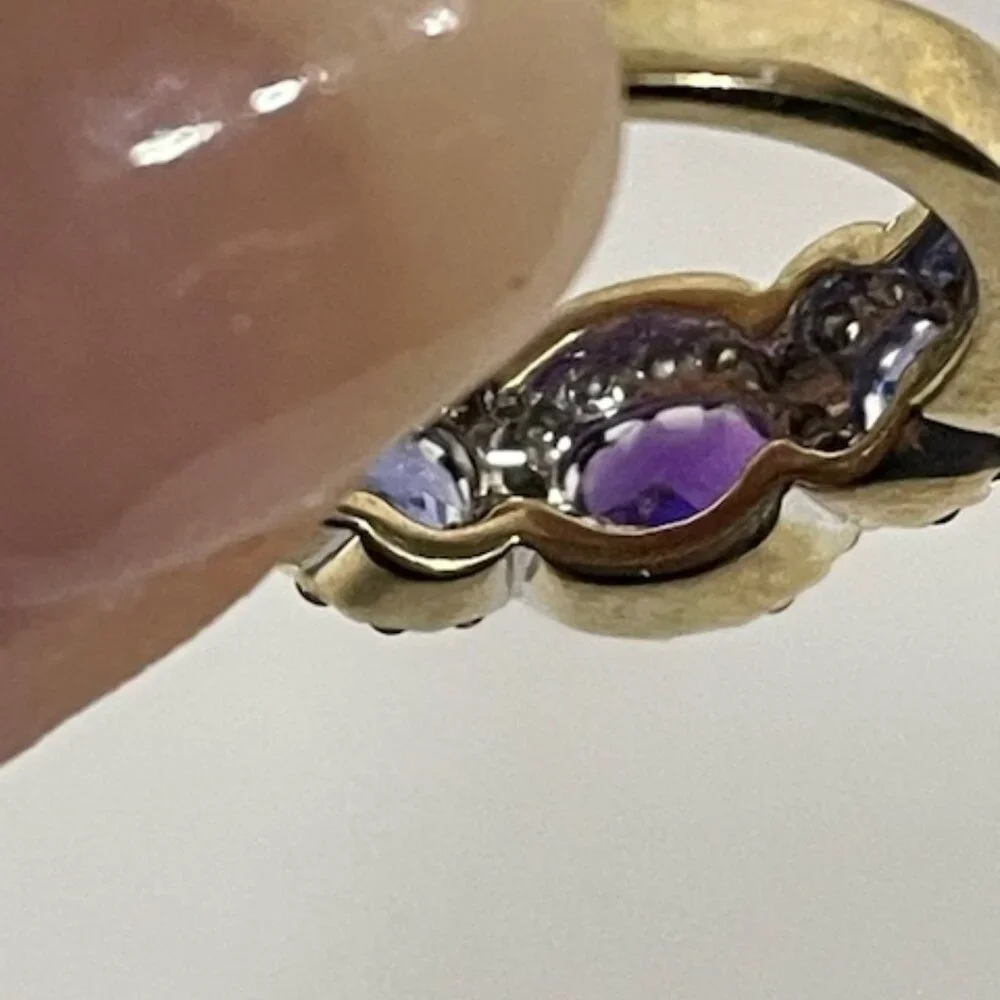 Amethyst, tanzanite, diamond and 14K gold cocktail ring.